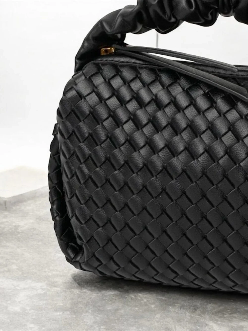 Black Woven Vegan Leather Ruched Handle Crossbody Handbag NWT
